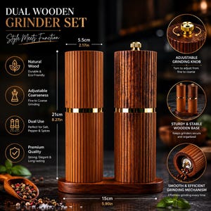 May include: A dual wooden grinder set with a dark brown finish. The set includes two grinders, each 8.27 inches tall, with gold accents and adjustable grinding knobs. The base is a matching dark brown wood. The set is designed for salt, pepper, and spices.