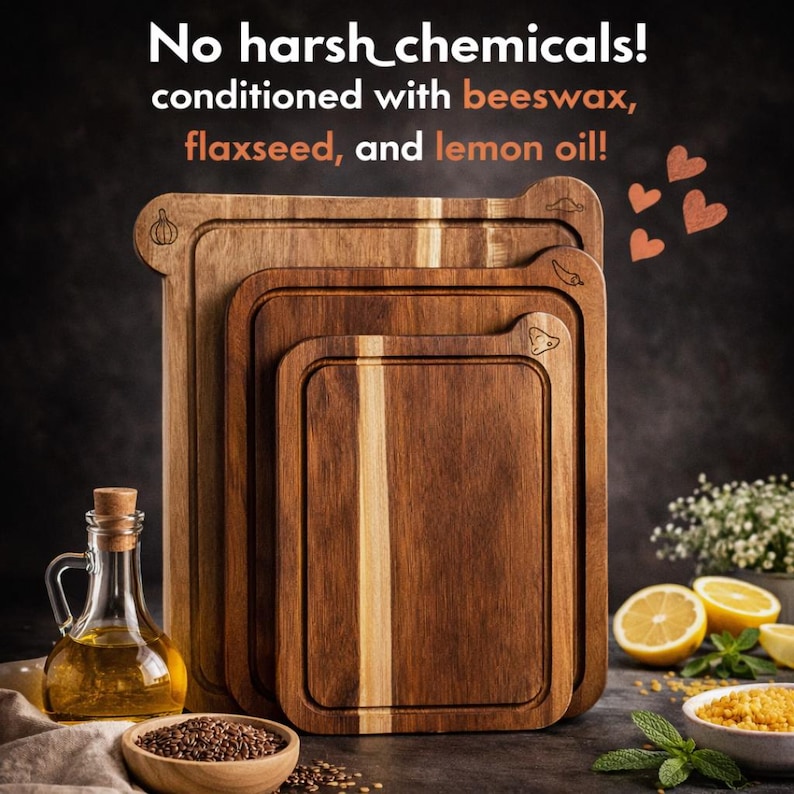 May include: A set of four wooden cutting boards of varying sizes, with a light wood stripe down the center. The boards have a dark brown finish and are engraved with small icons. The image includes text that reads "No harsh chemicals! conditioned with beeswax, flaxseed, and lemon oil!"