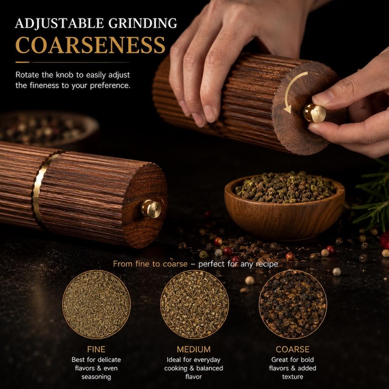 May include: Wooden pepper mill with adjustable grinding coarseness. The text reads "ADJUSTABLE GRINDING COARSENESS". The image shows the mill with a gold knob, a wooden bowl with peppercorns, and three circles showing fine, medium, and coarse grinds.