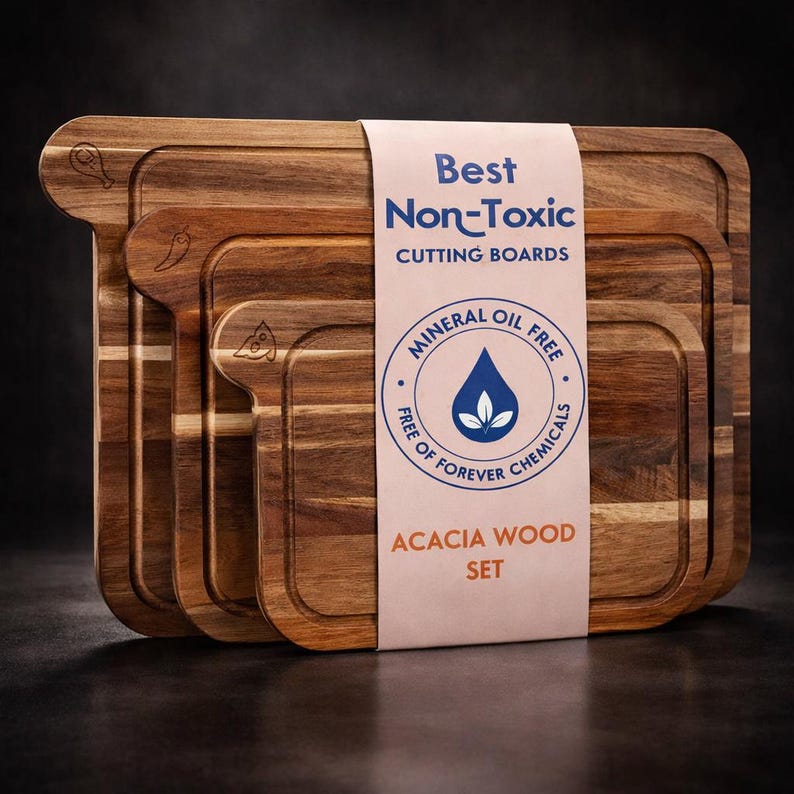 May include: A set of three acacia wood cutting boards with a natural wood grain finish. The boards have a rectangular shape with a handle and a juice groove. The packaging reads "Best Non-Toxic Cutting Boards" and "Acacia Wood Set".