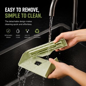 May include: A light green, detachable plastic kitchen accessory being rinsed under a faucet. The text reads: EASY TO REMOVE, SIMPLE TO CLEAN. The detachable design makes cleaning quick and effortless. Icons indicate: DETACHABLE DESIGN, RINSES CLEAN, EASY TO MAINTAIN, REUSABLE & DURABLE.
