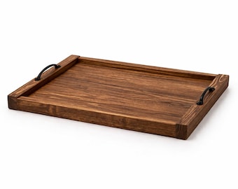 Bandeja grande de madera maciza para servir, bandeja rústica para mesa de centro estilo granja, asas negras.