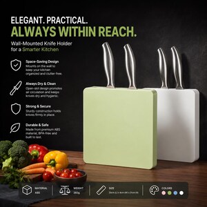 May include: Two wall-mounted knife holders, one light green and one white, each holding two stainless steel knives. Text reads: ELEGANT. PRACTICAL. ALWAYS WITHIN REACH. Wall-Mounted Knife Holder for a Smarter Kitchen. Size: 20cm (L) x 4cm (W) x 21cm (H).