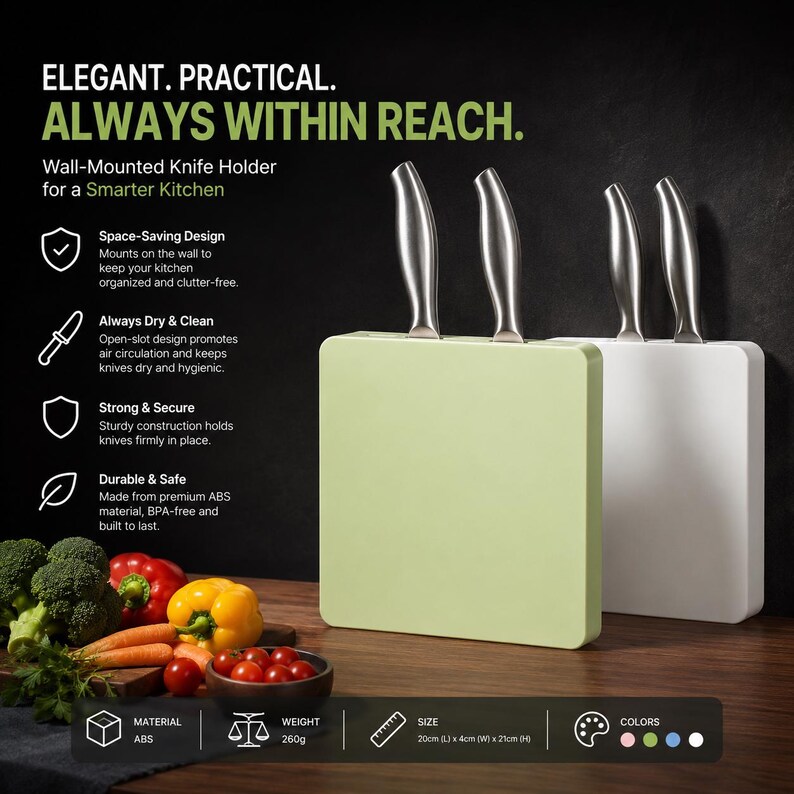 May include: Two wall-mounted knife holders, one light green and one white, each holding two stainless steel knives. Text reads: ELEGANT. PRACTICAL. ALWAYS WITHIN REACH. Wall-Mounted Knife Holder for a Smarter Kitchen. Size: 20cm (L) x 4cm (W) x 21cm (H).