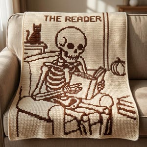 The Reader Skeleton Overlay Mosaic Crochet Pattern | Bookish Spooky Blanket PDF | Dark Academia Afghan