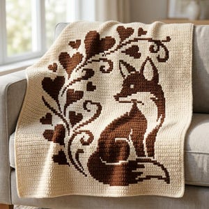 May include: A cream-colored crochet blanket featuring a dark brown pixelated design of a sitting fox surrounded by a decorative vine of hearts and swirling patterns. The textile has a visible grid-like texture created by the crochet stitches.