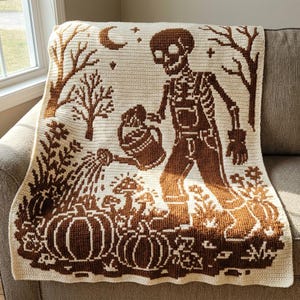 May include: A cream and brown crochet blanket featuring a skeleton wearing overalls and boots, watering a garden of pumpkins and mushrooms. The scene includes bare trees, a crescent moon, and stars, all rendered in a detailed pixelated style.