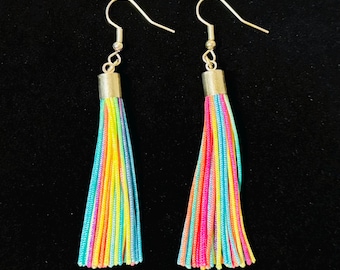 Neon Rainbow Tassel Earrings – 7cm Drop Statement Rave Earrings – Lightweight Festival Jewellery