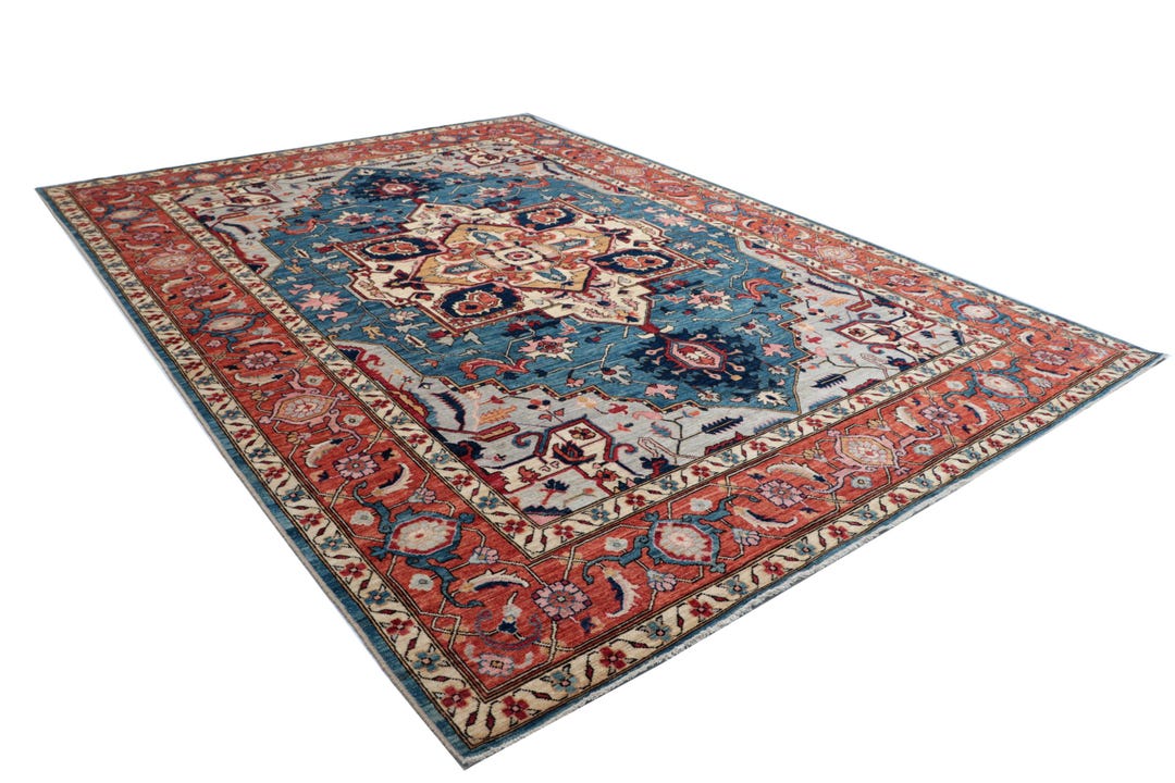 Blue and Copper Heriz Area Rug, Handmade Floral , 10 X 14 Ft, Cotton ...