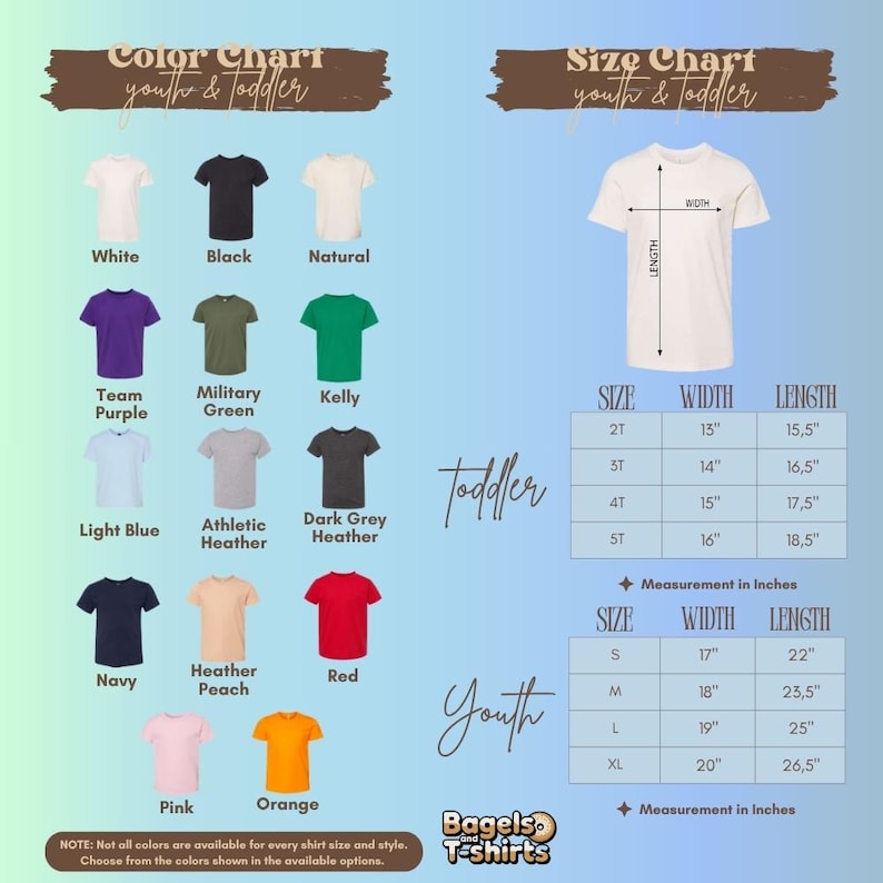 K&ouml;nnte beinhalten: Eine Farb- und Gr&ouml;&szlig;entabelle f&uuml;r Jugend- und Kleinkind-T-Shirts. Die Farbkarte zeigt 14 T-Shirt-Farben mit Beschriftungen. Die Gr&ouml;&szlig;entabelle zeigt ein wei&szlig;es T-Shirt mit Breiten- und L&auml;ngenpfeilen sowie zwei Tabellen mit Ma&szlig;en in Zoll f&uuml;r 2T-5T und S-XL.