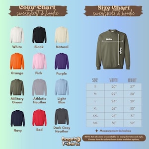 K&ouml;nnte beinhalten: Eine Farb- und Gr&ouml;&szlig;entabelle f&uuml;r Sweatshirts und Hoodies mit zw&ouml;lf Farbmustern: Wei&szlig;, Schwarz, Natur, Orange, Pink, Lila, Milit&auml;rgr&uuml;n, Athletic Heather, Hellblau, Marineblau, Rot und Dunkelgrau meliert, inklusive einer Gr&ouml;&szlig;entabelle in Zoll.