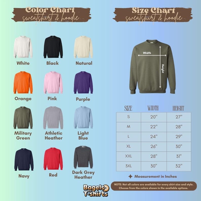 K&ouml;nnte beinhalten: Eine Farb- und Gr&ouml;&szlig;entabelle f&uuml;r Sweatshirts und Hoodies mit zw&ouml;lf Farbmustern: Wei&szlig;, Schwarz, Natur, Orange, Pink, Lila, Milit&auml;rgr&uuml;n, Athletic Heather, Hellblau, Marineblau, Rot und Dunkelgrau meliert, inklusive einer Gr&ouml;&szlig;entabelle in Zoll.