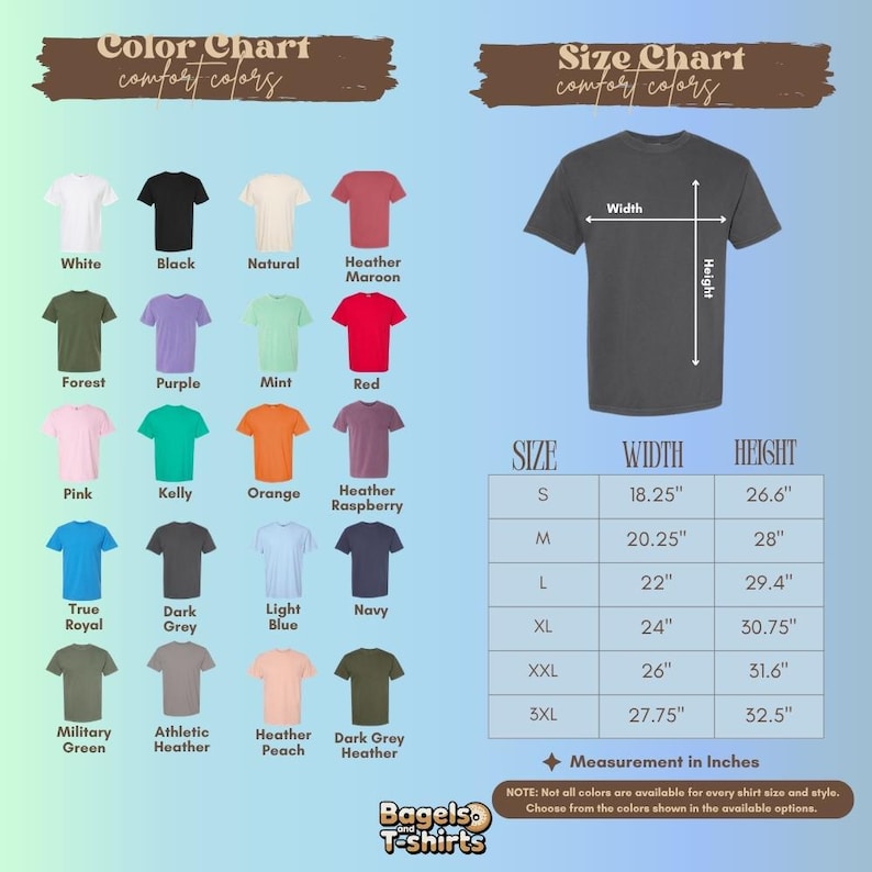 K&ouml;nnte beinhalten: Eine Farbkarte und Gr&ouml;&szlig;entabelle f&uuml;r T-Shirts. Die Farbkarte zeigt vierundzwanzig T-Shirt-Farben mit Bezeichnungen wie Wei&szlig;, Schwarz, Natur, Heather Maroon, Wald, Lila, Minze, Rot, Pink, Kelly, Orange, Heather Raspberry, True Royal, Dunkelgrau, Hellblau, Marine, Milit&auml;rgr&uuml;n, Athletic Heather, Heather Peach und Dunkelgrau Heather. Eine Gr&ouml;&szlig;entabelle zeigt ein dunkelgraues T-Shirt mit Breiten- und H&ouml;henpfeilen sowie eine Tabelle mit Ma&szlig;en in Zoll f&uuml;r die Gr&ouml;&szlig;en S bis 3XL.