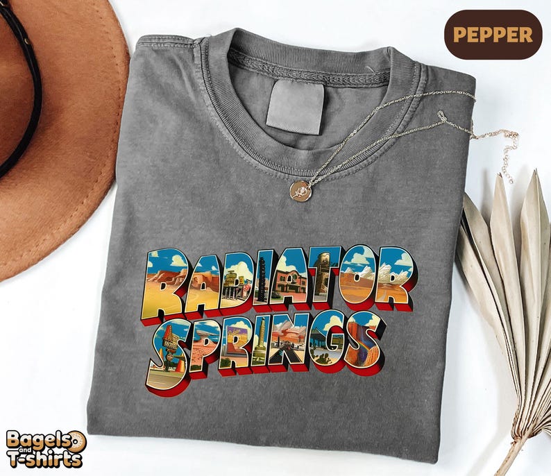 K&ouml;nnte beinhalten: Ein anthrazitfarbenes T-Shirt mit Rundhalsausschnitt und dem Schriftzug Radiator Springs in einer kr&auml;ftigen Blockschrift. Die Buchstaben sind mit farbigen W&uuml;stenlandschaften gef&uuml;llt, die Felsformationen, Geb&auml;ude und einen blauen Himmel zeigen.