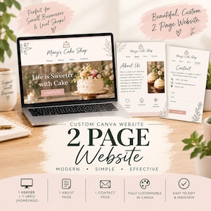 May include: A digital template for a two-page website for Mary's Cake Shop displayed on a laptop screen and two printed sheets. The design features a light colour palette, floral line art, and sections for About Us and Contact information.