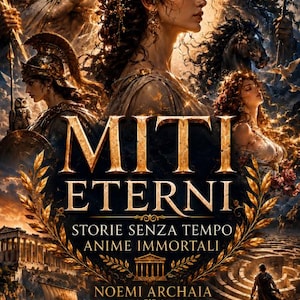 Può includere: Copertina di un libro con il titolo "MITI ETERNI" in lettere dorate, con illustrazioni di figure e scene mitologiche. La copertina include il nome dell'autore, "NOEMI ARCHAIA", e il sottotitolo "STORIE SENZA TEMPO ANIME IMMORTALI".