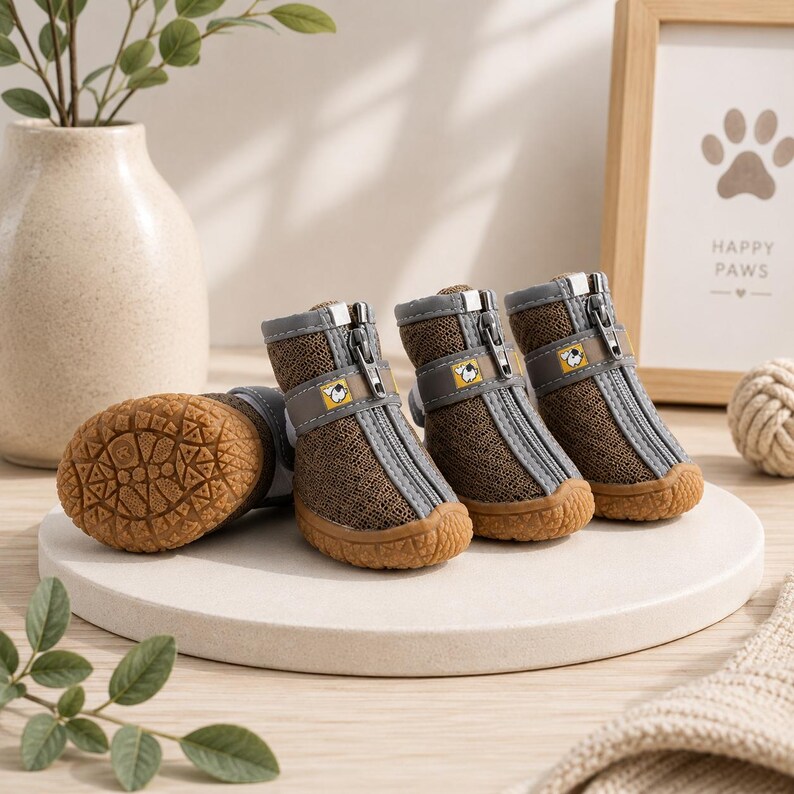 Dog Boots That Stay On | Waterproof Non-Slip Paw Protection | Zipper Dog Shoes Set of 4 Small Medium Large Dogs Brown