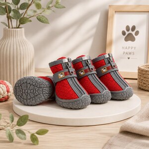 Dog Boots That Stay On | Waterproof Non-Slip Paw Protection | Zipper Dog Shoes Set of 4 Small Medium Large Dogs Red