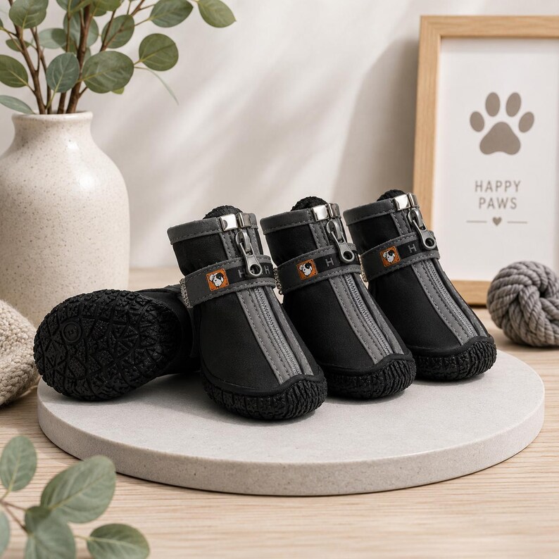 Dog Boots That Stay On | Waterproof Non-Slip Paw Protection | Zipper Dog Shoes Set of 4 Small Medium Large Dogs Black