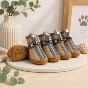 Dog Boots That Stay On | Waterproof Non-Slip Paw Protection | Zipper Dog Shoes Set of 4 Small Medium Large Dogs Beige