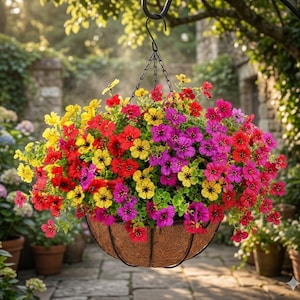 May include: A hanging basket overflowing with vibrant flowers in shades of red, yellow, and purple. The flowers are in full bloom, creating a colorful display. The basket is made of a woven material and is suspended by a chain.