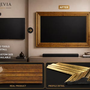 Può includere: Una cornice dorata e ornata installata attorno a uno schermo televisivo nero. L'immagine mostra un confronto prima e dopo, con il testo "AUREVIA FRAMES" in alto. Sono visibili anche i testi "NO TOOLS INSTALL" e "CUSTOM SIZE AVAILABLE".