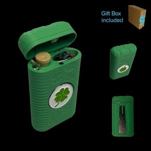 May include: Green rectangular case featuring a four-leaf clover emblem. The case is open, displaying a lighter and other small items. The words "Gift Box included" are visible. Additional views of the case are shown, including a closed version.