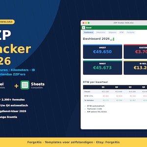 Modelo de Administração ZZP 2026 | Excel e Planilhas Google Boekhouding Nederland, BTW Aangifte, Facturen, Kilometerregistratie Freelancer