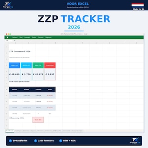 Può includere: Uno screenshot di un foglio di calcolo intitolato "ZZP Tracker 2026" con tabelle di dati e cifre finanziarie. L'interfaccia include una dashboard, riepiloghi finanziari e il testo "10 tabbladen", "2339 formules" e "BTW + KOR".