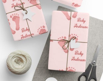 Personalized Baby Wrapping Paper, Custom Name Gift Wrap, Tiny Footprints (Pink, Blue, or Green)