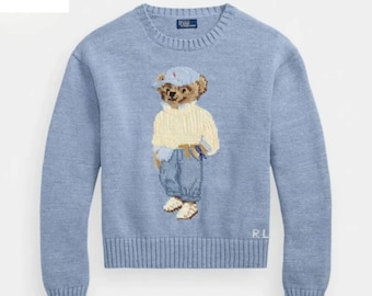 Polo Bear Ralph Lauren Sky Blue Sweater – Classic Luxury Knit Pullover - Fall Winter Fashion