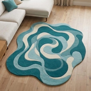Luxury Irregular Shape Teal Blue Area Rug Modern Organic Swirl Tufted Wool Carpet Minimalist Wavy Sky Blue Living Room Accent Statement