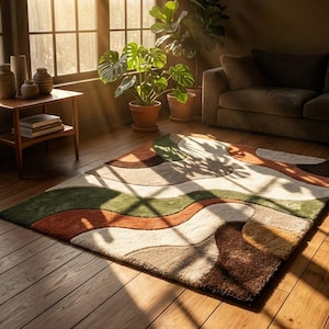 Può includere: Un tappeto rettangolare caratterizzato da un motivo astratto ondulato nei toni del crema, verde oliva, terracotta e marrone scuro. Il tappeto presenta un pelo testurizzato e soffice ed è posizionato su un pavimento in legno in una stanza soleggiata.