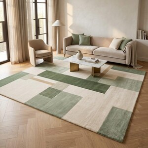 Sage Green Geometric Area Rug, Modern Color Block Wool Carpet, Luxury Hand Tufted Patchwork Mat, Japandi Minimalist Floor Art, Decor Gift