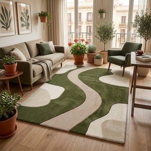 Abstract Area Rug, Wavy Biophilic Pattern, Olive Green Cream Beige Wool, Hand Tufted Textured Shag, Living Room Bedroom Area Rug