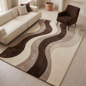 Brown Wavy Rug, Abstract Tufted Wool Area Rug, Large Custom Rectangular Carpet, Neutral Beige Cream Floor Art, Japandi Living Room Decor