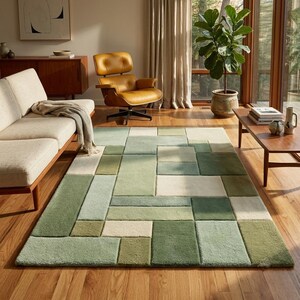 Sage Green Color Block Rug, Aesthetic Geometric Carpet, Mid Century Living Room Decor, Hand Tufted Retro Floor Art, Minimalist Rug 6x9