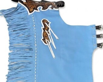 Light Blue Leather Rodeo Chaps | Hand-Tooled Western Yoke, Fringe, Show Riding Gear