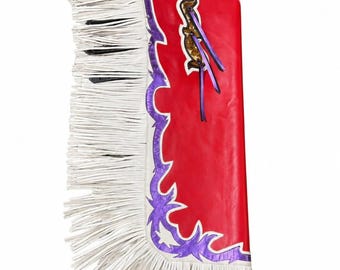 Red Leather Rodeo Chaps with White Fringe – Western Cowboy Riding Apparel