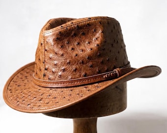Handmade Brown Ostrich Embossed Leather Cowboy Hat | Western Fedora Style Accessory