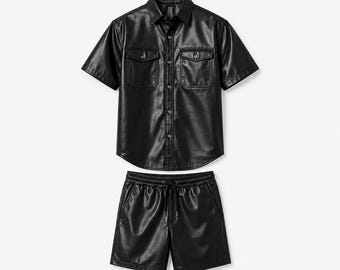Men's Black Faux Leather Shirt and Shorts Set | Streetwear Two-Piece Outfit