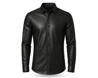 Men's Black Faux Leather Button-Down Shirt – Slim Fit, Vegan-Friendly Streetwear