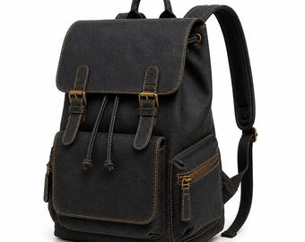 Vintage Black colour Leather Backpack, Retro Travel Rucksack, Laptop Hiking Daypack