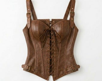 Brown Faux Leather Corset Top – Steampunk Renaissance Bodice, Victorian Gothic Bustier