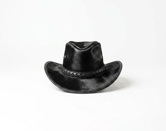 Black Cowhide Leather Cowboy Hat | Textured Western Rancher Style for Men Women