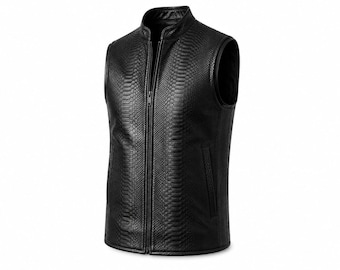 Men's Black Snakeskin Leather Vest, Sleeveless Biker Gothic Waistcoat