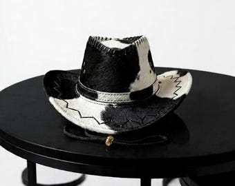 Black White Cowhide Cowboy Hat | Hair On Western Rodeo Festival Accessory