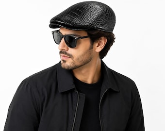 Black Crocodile Texture Leather Flat Cap, Vintage Newsboy Gatsby Driving Hat