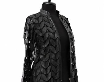 Black Leaf Applique Jacket, Gothic Statement Outerwear, Leather Look