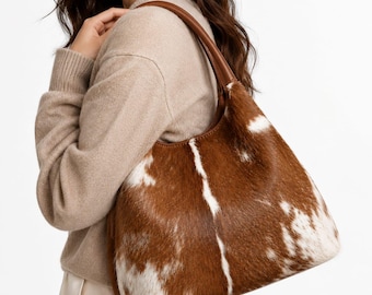 Brown Cowhide Leather Tote Bag, Hair-On Hide Western Shoulder Handbag